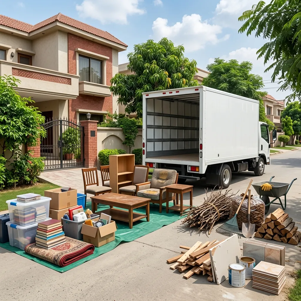Junk and debris being removed from a residential property
