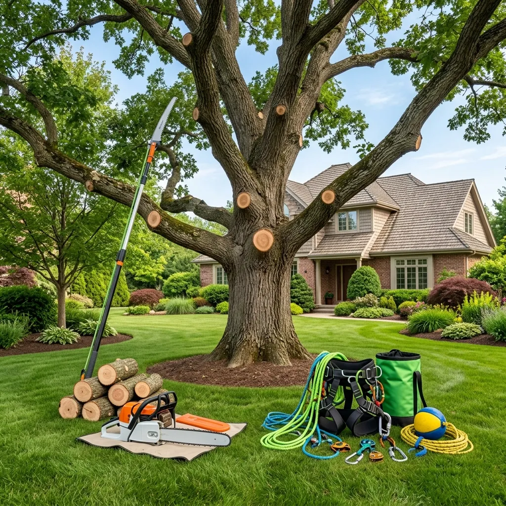 Tree service team removing an overgrown or hazardous tree