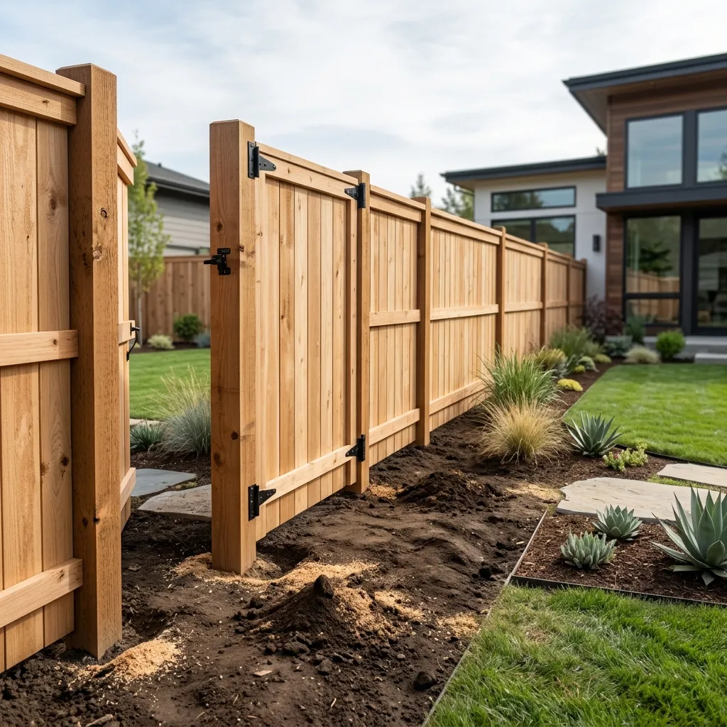 Wood fence posts and panels being installed on a property